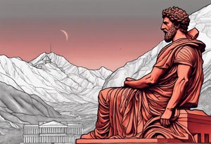 A statue of Marcus Aurelius looking toward the observer in a 25 degree angle. The bottom left part of the statue is broken. The Background are mountains in a red hue. tattoo idea