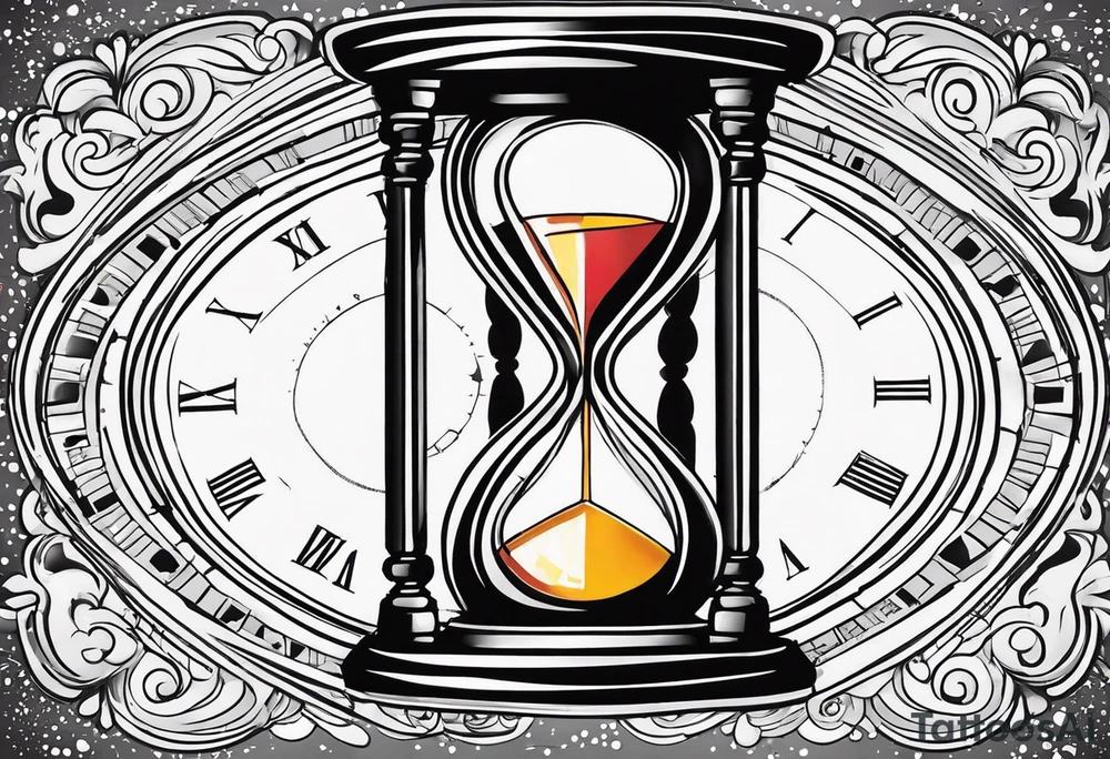 draw a clock/hourglass. They are surrounded by Roman numerals. It is a black and white tattoo for the right shoulder of a man tattoo idea