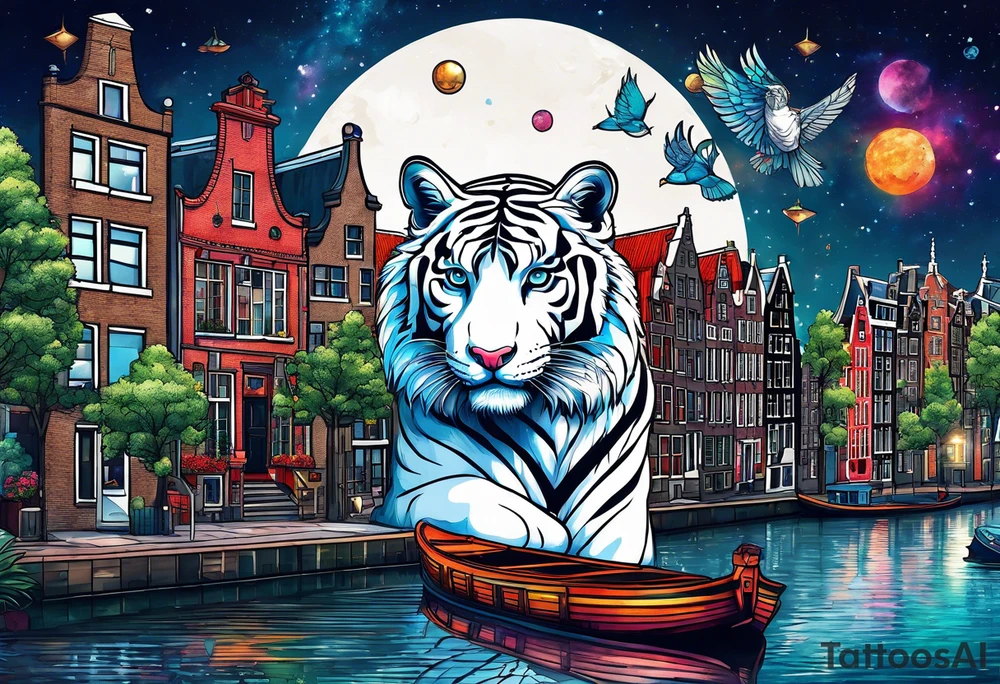White tiger, deer stag and birds with pineapples featuring Amsterdam buildings and canal in galaxy colours and Amsterdam buildings and canal in space tattoo idea