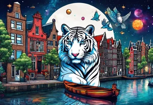 White tiger, deer stag and birds with pineapples featuring Amsterdam buildings and canal in galaxy colours and Amsterdam buildings and canal in space tattoo idea