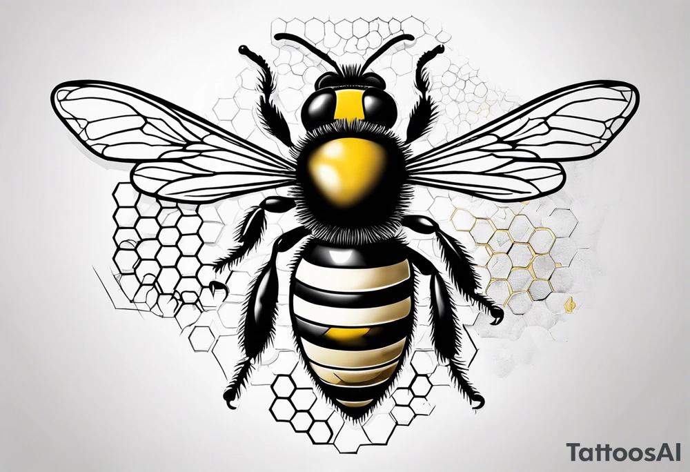 I would like a realistic, 3D tattoo of a bee exiting frontally from a hexagonal cell, the cell should give the impression of being inside the body tattoo idea