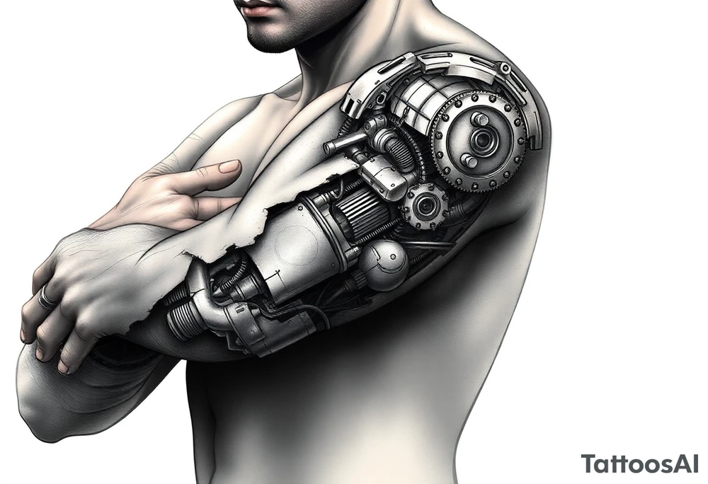 A full sleeve tattoo design for the right arm that starts at the hand and extends up to the right pectoral. The design features a melted skin effect, revealing detailed robotic parts and mechanical components underneath. The melted skin appears torn and organic, seamlessly transitioning to intricate gears, wires, and futuristic machinery beneath, creating a striking fusion of human and robotic elements. tattoo idea