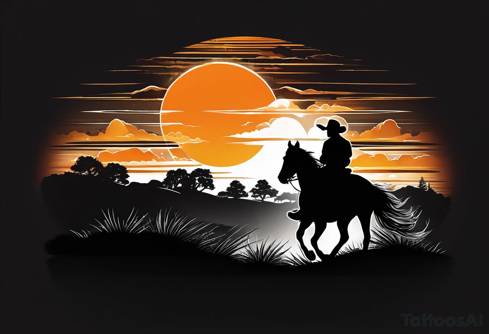Cowboy on a horse riding in to the sunset silhouette tattoo idea