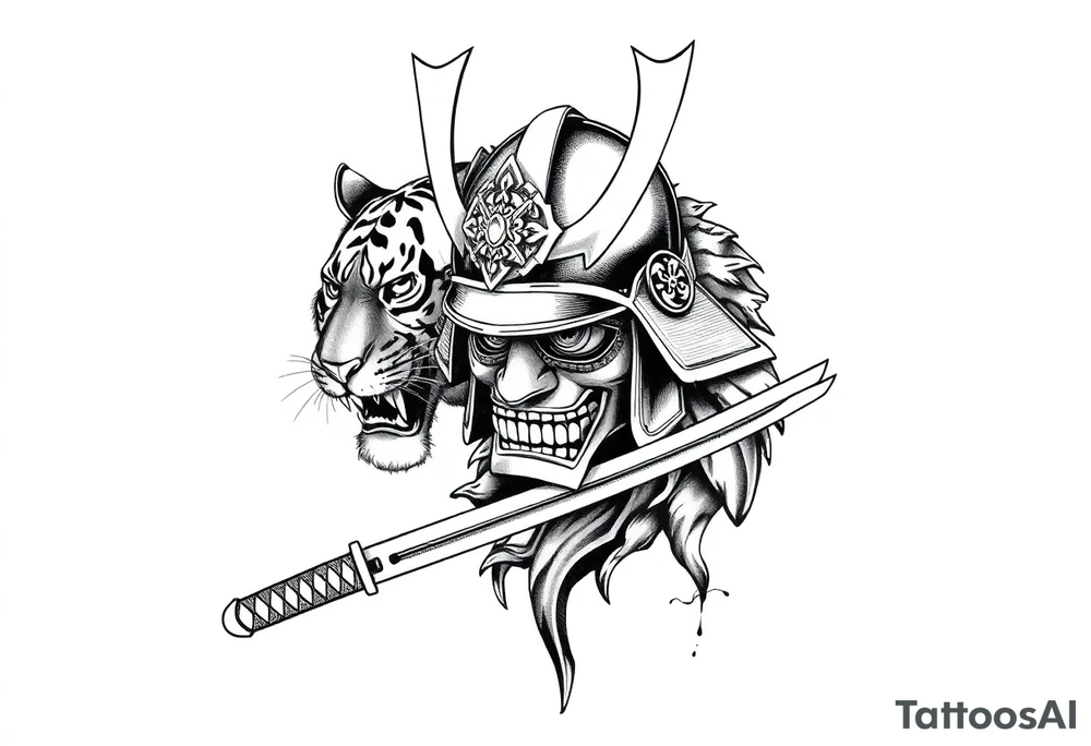 Samurai helmet resting on a katana blade, fierce tiger emerging behind it, traditional Japanese tattoo design, blackwork with soft grey shading, intense energy, bold line art, framed composition for forearm tattoo with full sleeve in mind, sketch ink style, minimal background, ration 2:3 vertical tattoo idea