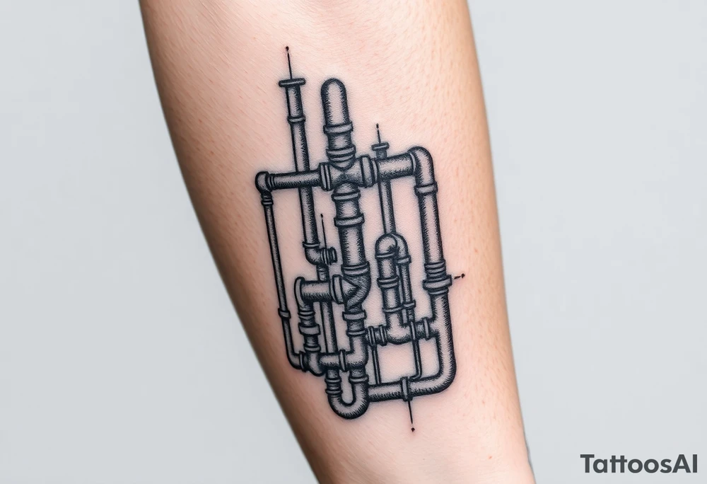 extremely detailed system of plumbing pipes vertical ending with a fade off tattoo idea