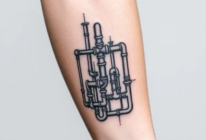 extremely detailed system of plumbing pipes vertical ending with a fade off tattoo idea