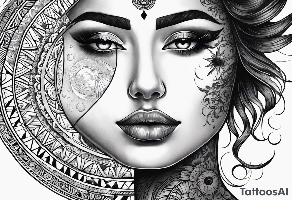 sun and the moon, the overlap
the sun has a woman's half
face, and the moon, a man's face half tattoo idea
