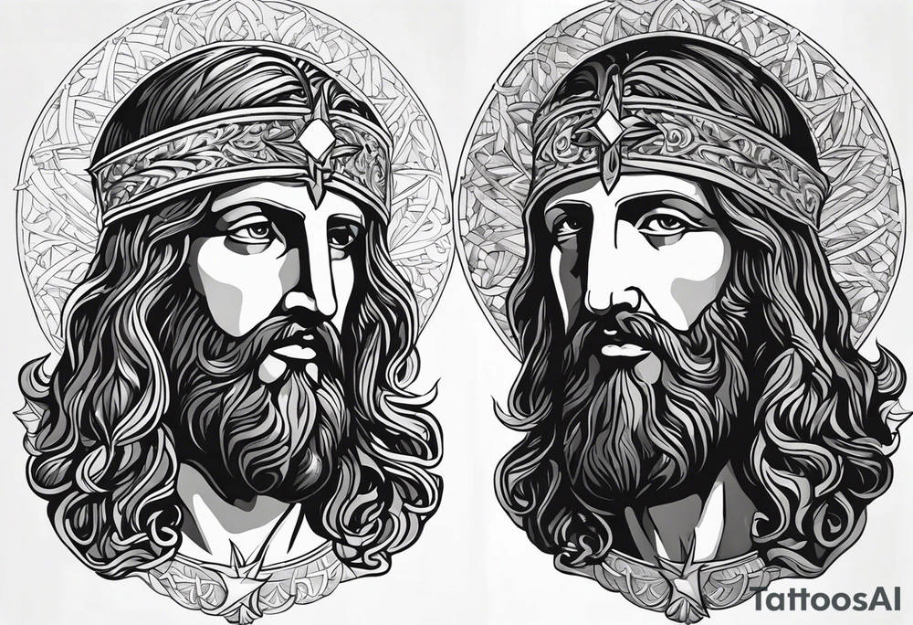 haloed head of a flat stern Byzantine Christ with all-demanding eyes. tattoo idea