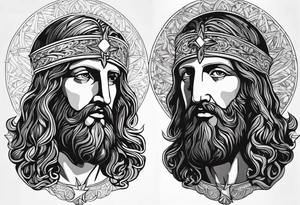 haloed head of a flat stern Byzantine Christ with all-demanding eyes. tattoo idea