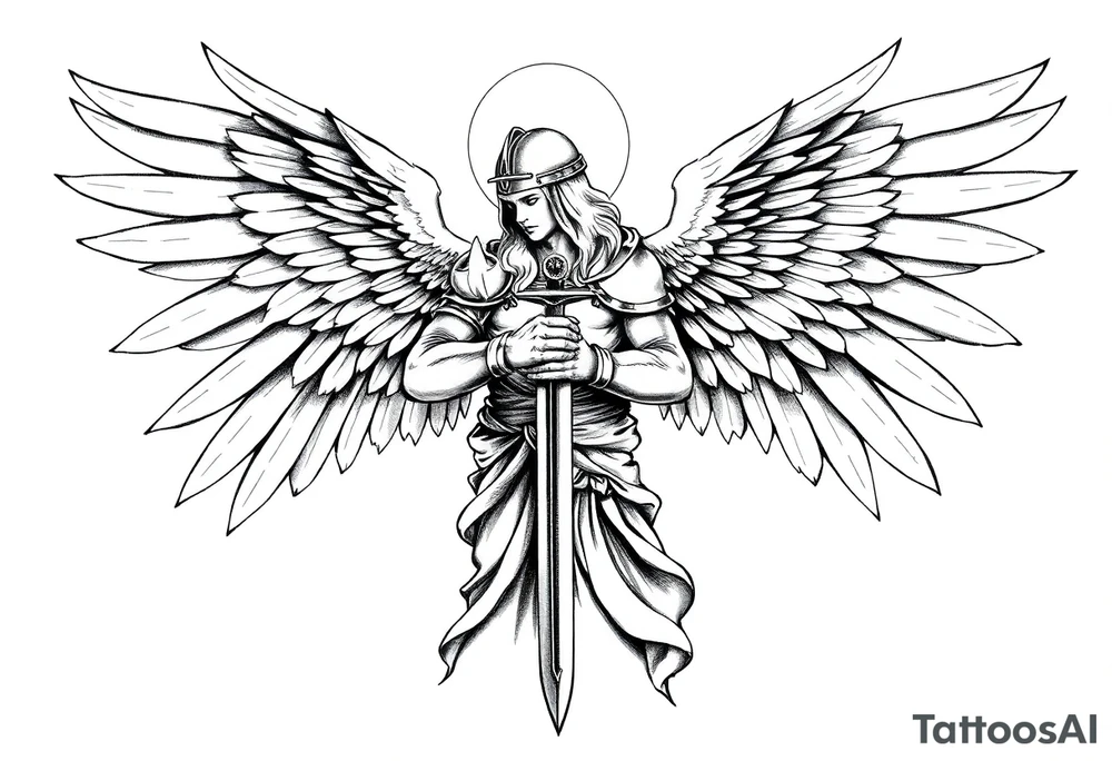 Holy Archangel, Biblical, Christianity, Hebrew, Guards of Christianity, Holding a sword, has six wings, wearing helmet, halo, seraphim, seek justice tattoo idea