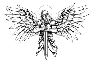 Holy Archangel, Biblical, Christianity, Hebrew, Guards of Christianity, Holding a sword, has six wings, wearing helmet, halo, seraphim, seek justice tattoo idea