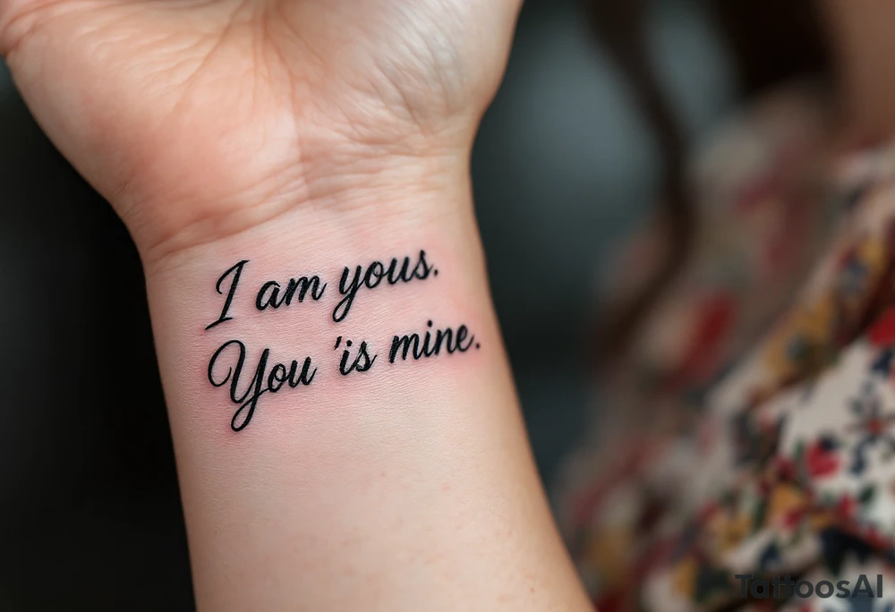 “I am yours” in soft gray on her wrist and “You are mine” in black on his neck symbolize mutual belonging. tattoo idea