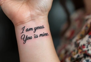 “I am yours” in soft gray on her wrist and “You are mine” in black on his neck symbolize mutual belonging. tattoo idea