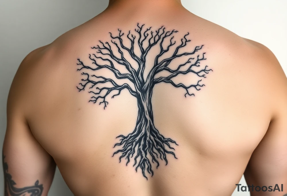 mystical tree of life with cosmic roots and celestial branches tattoo idea