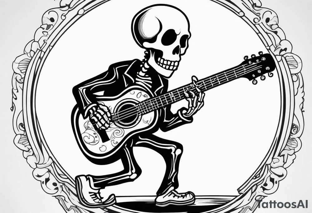 Skeleton playing guitar tattoo idea