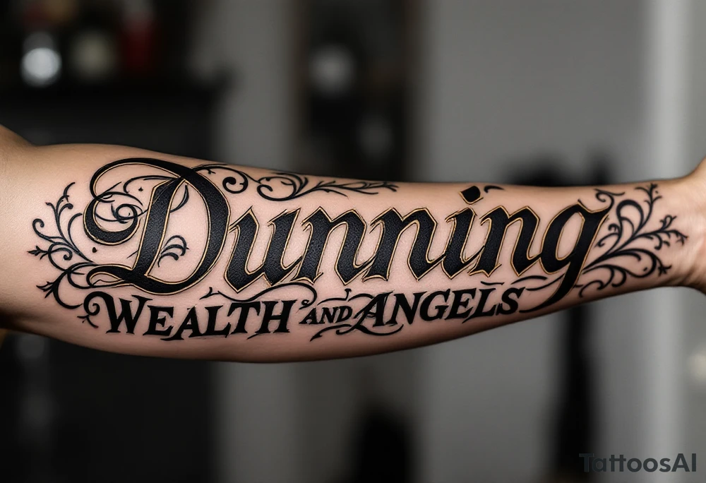 Dunning, details include bold strong font, gold highlights, theme of wealth and angels tattoo idea