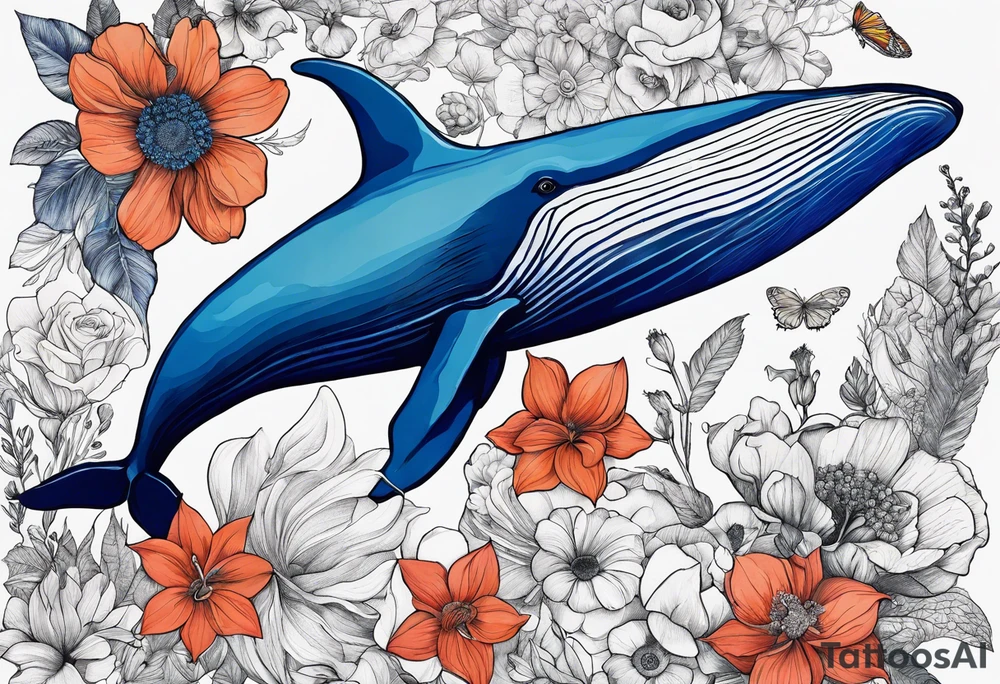 flowers, bold color, collage, blue whale tattoo idea