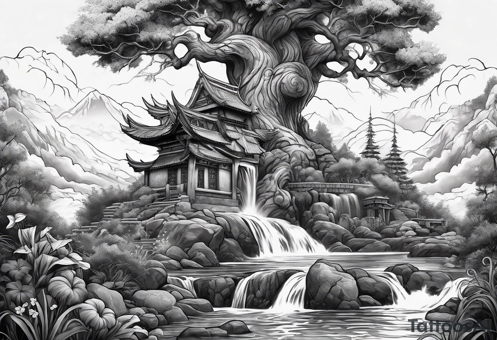 A mural with an water theme, a tree growing up out of the garden and a warrior defending tattoo idea