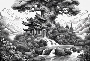 A mural with an water theme, a tree growing up out of the garden and a warrior defending tattoo idea
