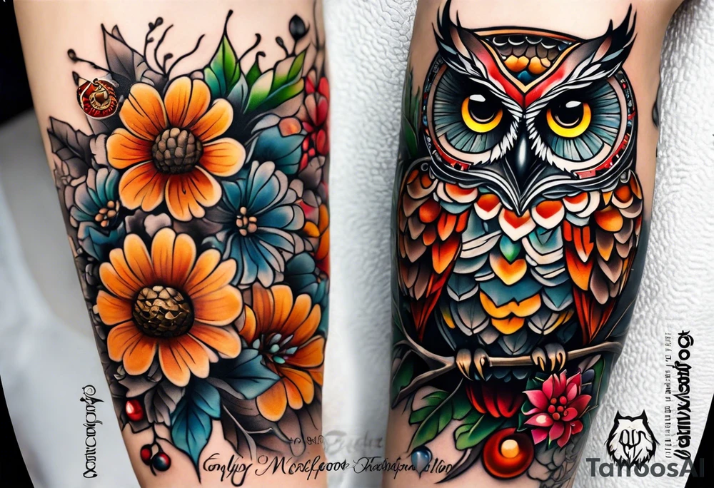 A lower forearm sleeve full colour mandala flowers, and owl, bees, pinecone, lady bugs. Moon tattoo idea