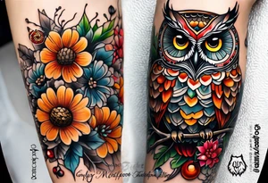 A lower forearm sleeve full colour mandala flowers, and owl, bees, pinecone, lady bugs. Moon tattoo idea