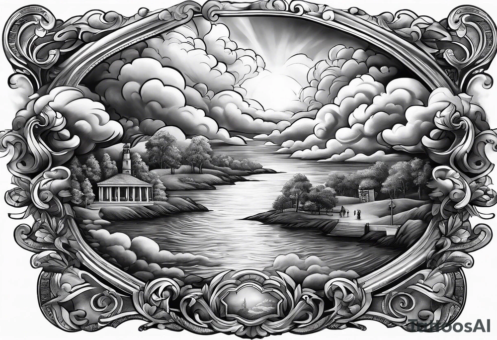 realistic forearm sleeve of money,kids, clouds journey, bible verses tattoo idea