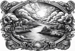 realistic forearm sleeve of money,kids, clouds journey, bible verses tattoo idea