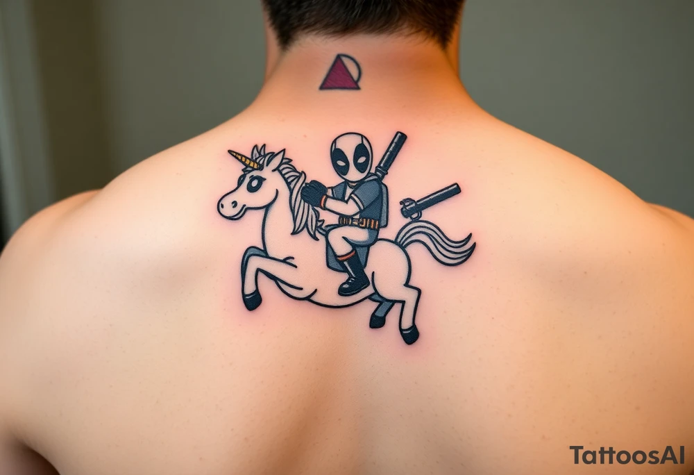 Deadpool riding unicorn holding rocket old school propelled grenade launcher tattoo idea