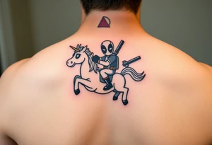 Deadpool riding unicorn holding rocket old school propelled grenade launcher tattoo idea