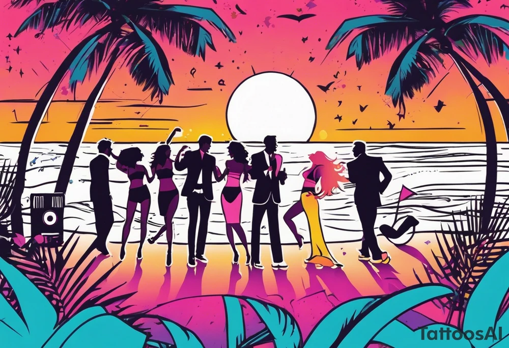 1980's miami vice style beach dance 
party, include confetti, music notes, boom box, bikinis sunset in the center tattoo idea