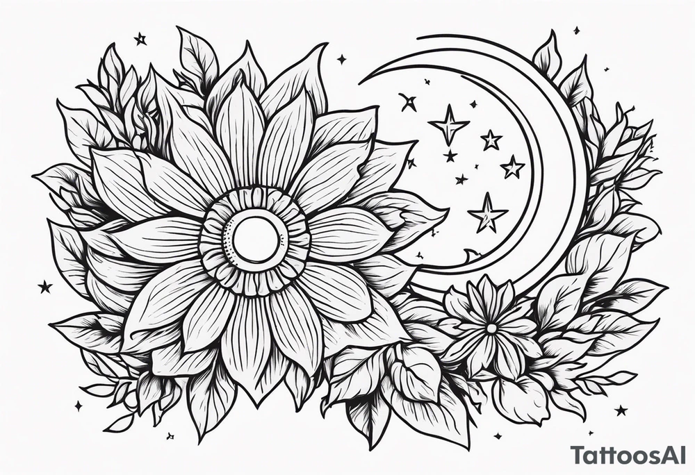 Western floral with sun stars and moon. Mirrored tattoo idea