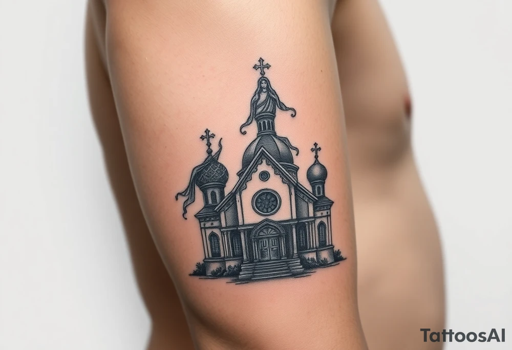 in a dorsal view a detailed orthodox church shrouded with a mist above and fading into a virgin mary overlooking above at the top tattoo idea