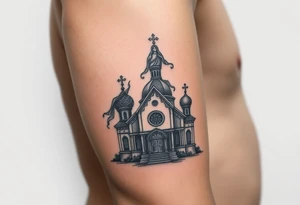 in a dorsal view a detailed orthodox church shrouded with a mist above and fading into a virgin mary overlooking above at the top tattoo idea