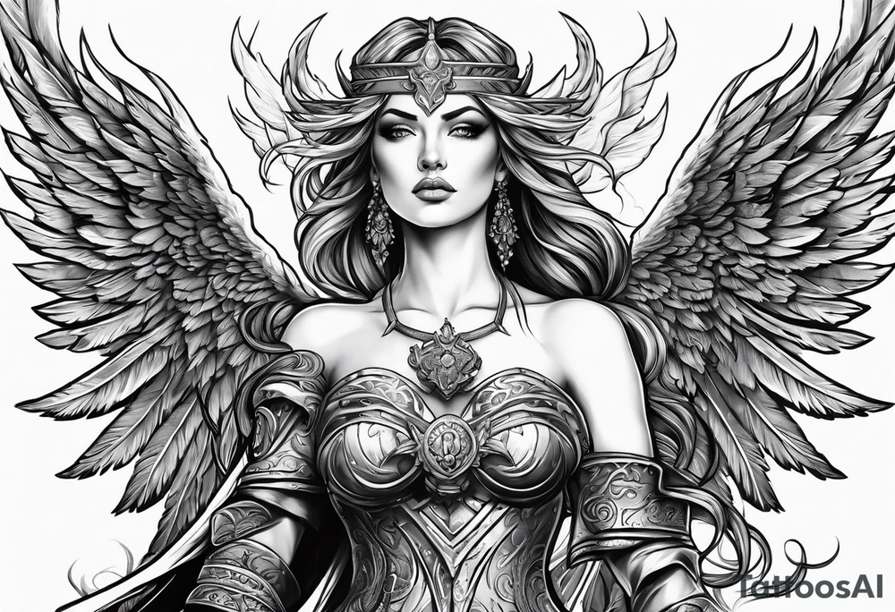 Female angel with sword lightning and lightning eyes tattoo idea