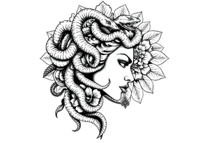 Side portrait of Medusa with snake heads, flowers and mandala background tattoo idea