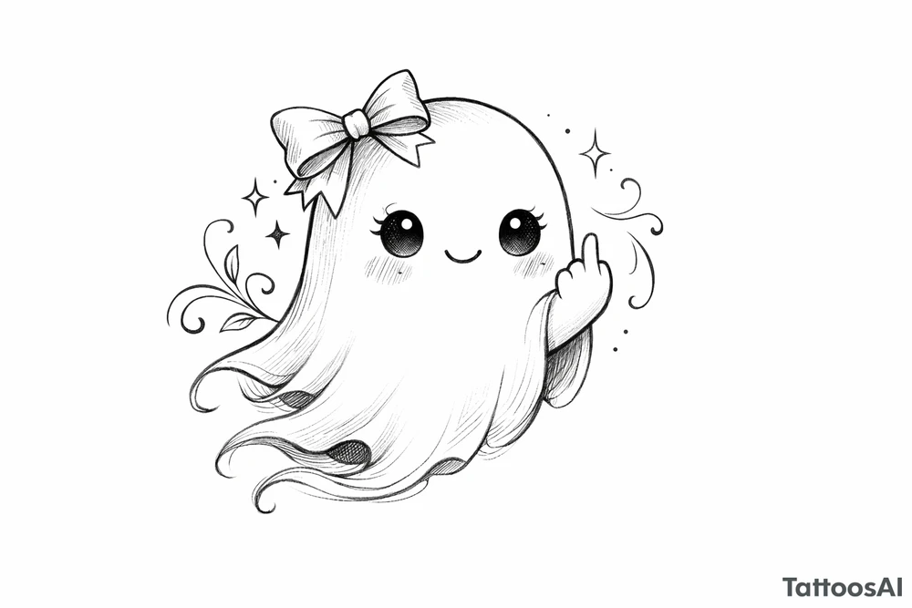 A kawaii ghost with a ribbon bow, playfully flipping the bird, soft shading. tattoo idea