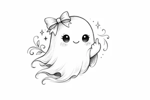 A kawaii ghost with a ribbon bow, playfully flipping the bird, soft shading. tattoo idea
