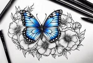 Blue butterfly moon carnation tattoo idea