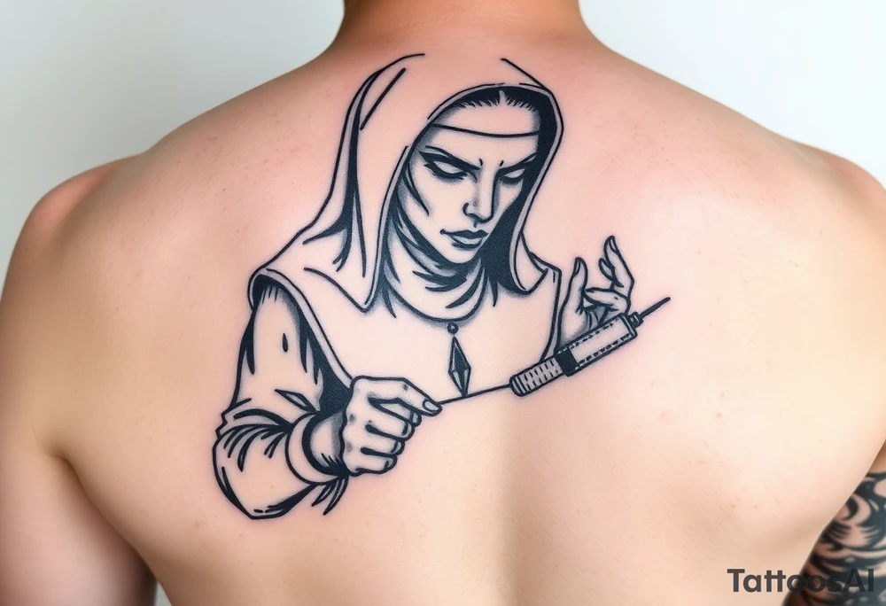 A bad nun junkie with a syringe tattoo idea