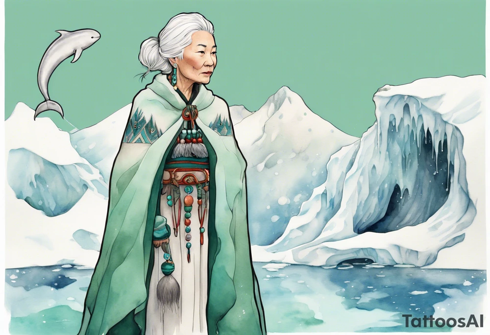 a 55-year-old Sami woman with white  hair wearing a white and mint cloak standing on an iceberg with one narwhal in the background tattoo idea
