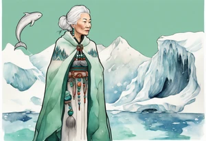 a 55-year-old Sami woman with white  hair wearing a white and mint cloak standing on an iceberg with one narwhal in the background tattoo idea