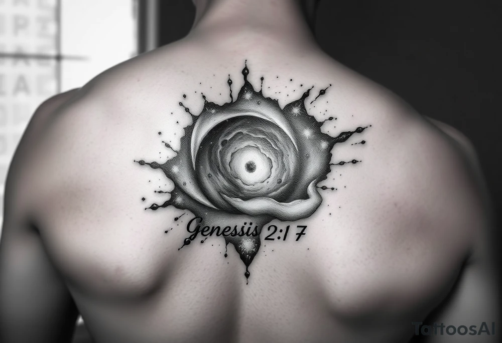 3d galaxy coming out of skin with genesis 2:7 written tattoo idea