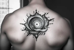 3d galaxy coming out of skin with genesis 2:7 written tattoo idea