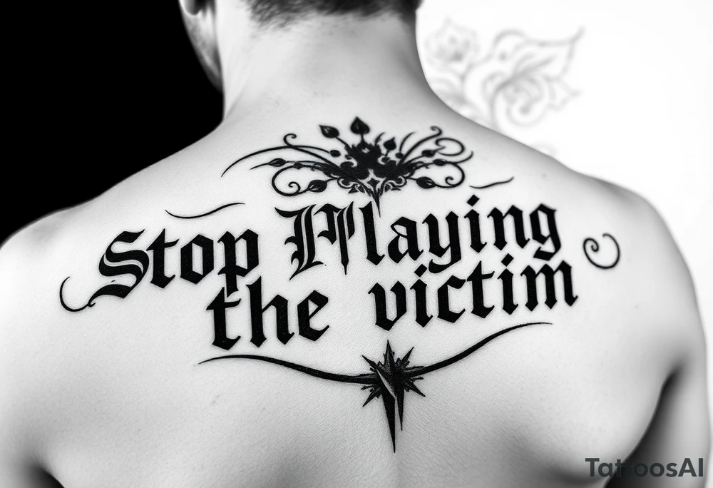 Writer the phrase :"Stop Playing the victim".
Karma style in background.
The words in greek style with some background feature too. tattoo idea
