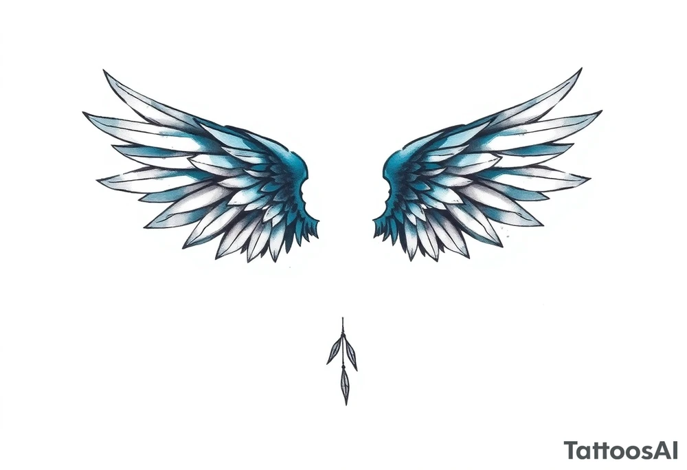 A minimalist wings tattoo that represents a shattered and betrayed gemini woman who fought hard throughout this year. With colors blue and black. Make it unique and rare. Without leaves and stem. tattoo idea