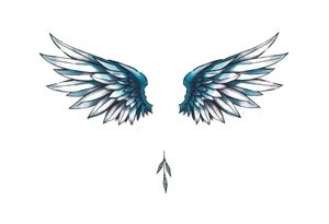 A minimalist wings tattoo that represents a shattered and betrayed gemini woman who fought hard throughout this year. With colors blue and black. Make it unique and rare. Without leaves and stem. tattoo idea