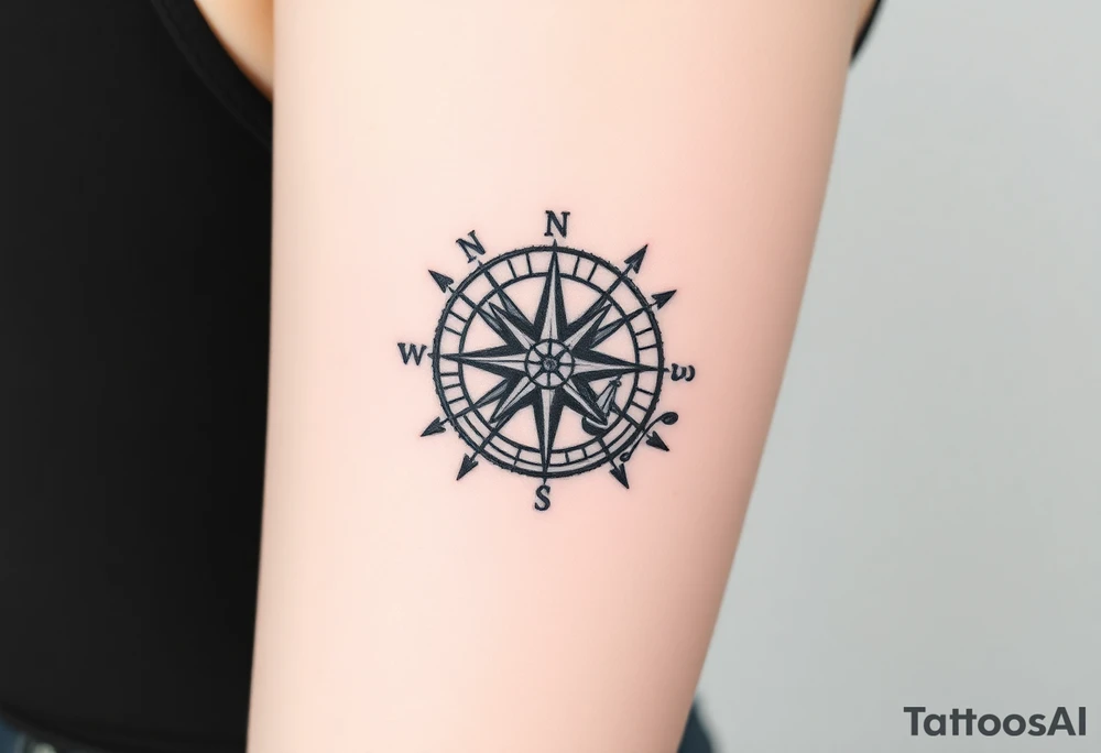 antique compass rose overlaid on weathered world map with sailing ships with light house tattoo idea