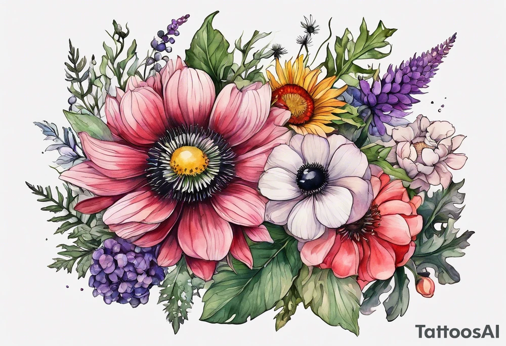 wildflowers with thistles, ferns, ranuculus, white anemones with black center, sun flowers, red flowers, pink flowers, purple flowers, buttercups all in watercolor tattoo idea