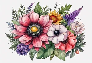 wildflowers with thistles, ferns, ranuculus, white anemones with black center, sun flowers, red flowers, pink flowers, purple flowers, buttercups all in watercolor tattoo idea