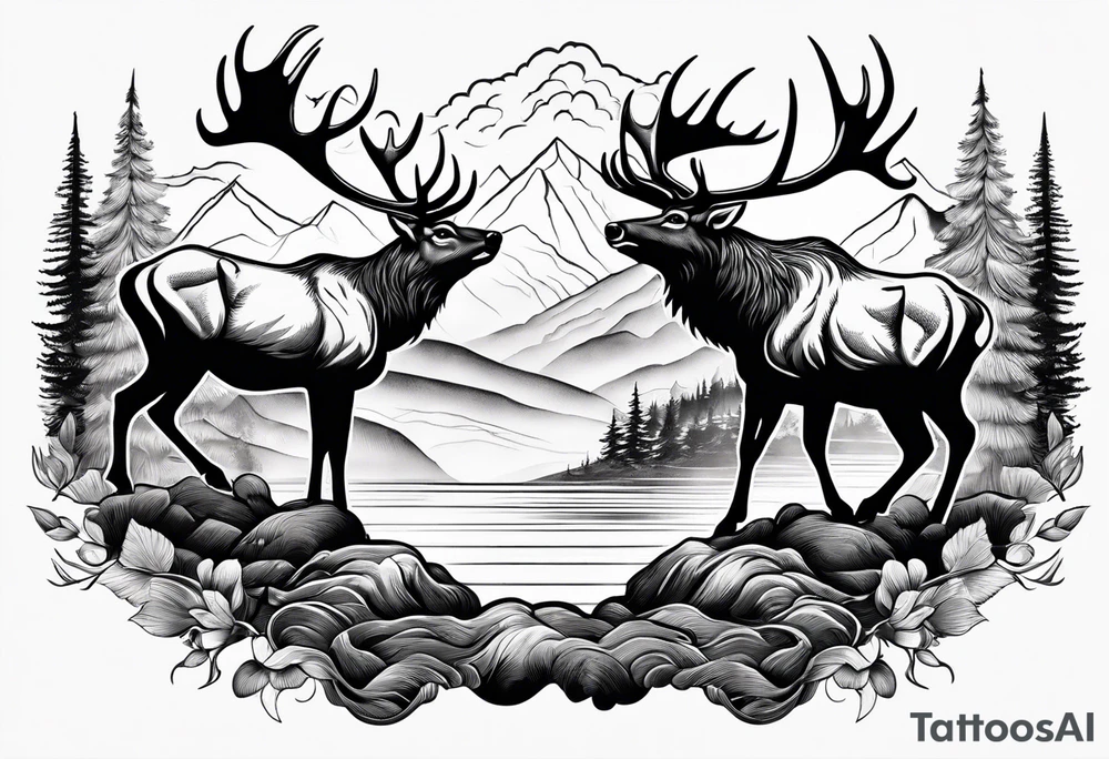 two elk fighting with mountains and stream in background tattoo idea